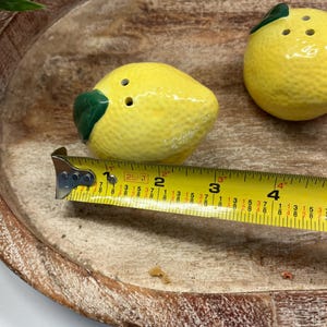 May include: A pair of ceramic lemon-shaped salt and pepper shakers. Each shaker is yellow with a green leaf and two or three holes on top. The shakers are on a wooden tray. The shakers are about 10 cm long.