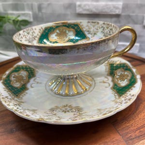 Vintage Green & Gold Royal Sealy China Pedestal Tea or coffee cup and Saucer Iridescent finish Made in Japan