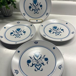 Vintage Noritake Progression  China Blue Haven Pattern Salad Or Dessert Size Plates 8.25” set of 4 Midcentury Blue and White Floral Decor