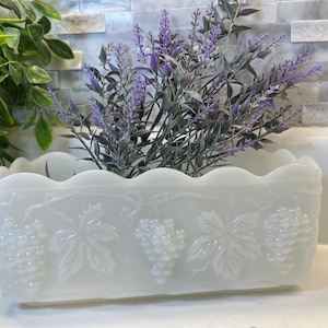 Fire King Milk Glass Grape Pattern Succulent, Bulb Planter, Vintage 60s Anchor Hocking Table Centerpiece