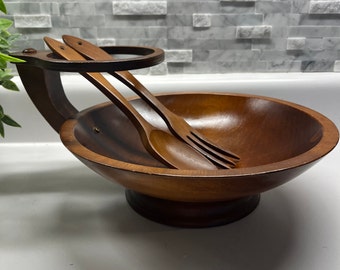 Mid Century Wood two tier Salad Bowl with utensils