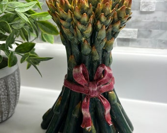 Beautiful, Hand Crafted and Hand Painted Porcelain Bow - Tied Bunch of Asparagus Spears; Kitchen Decor