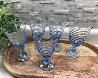Libbey Sirrus MCM Light Blue Stemmed Wine Goblets(Ribbed Beehive) Set of 5