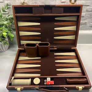 Vintage Brown Faux Leather Backgammon Set with Case, Game Room Board Game