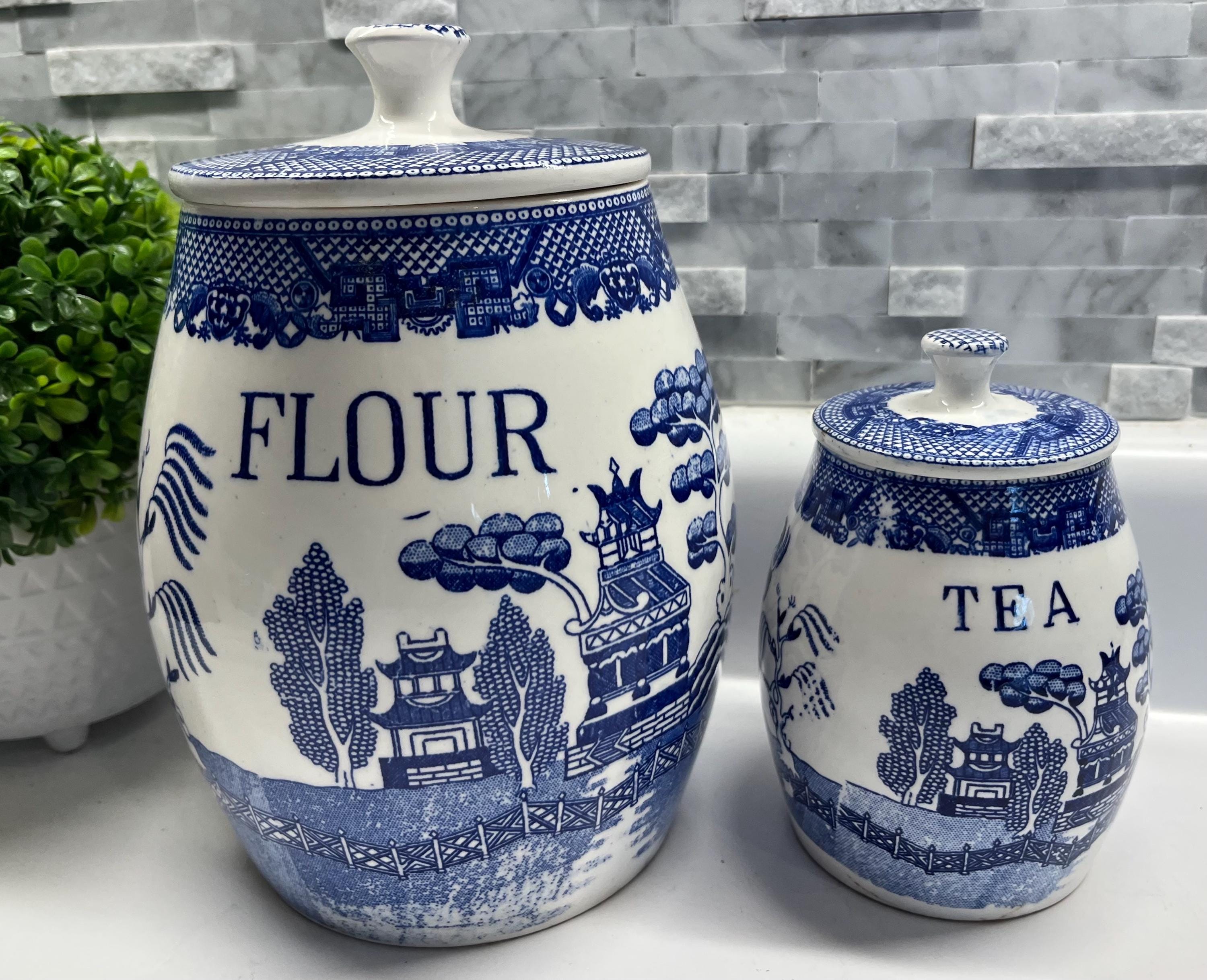 Vintage Blue Willow Flour 9” and Tea 6” Canister Set With Lids