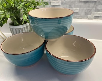 Royal Norfolk Turquoise Swirl Cereal/Soup Bowls Set of 4 ~ Hand Painted Glossy Stoneware Dishes w/ Brown Trim ~ Retired Vintage Dinnerware