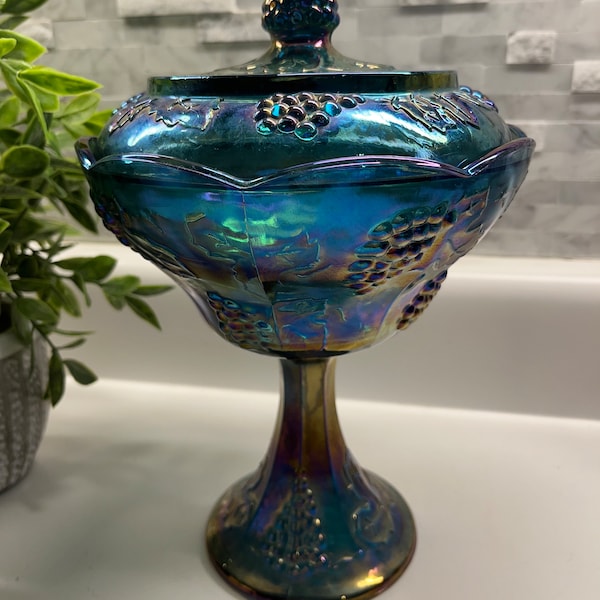 Blue carnival glass compote,compote with lid,grape pattern,iridescent finish, collectible glass,candy dish,storage,glass collector