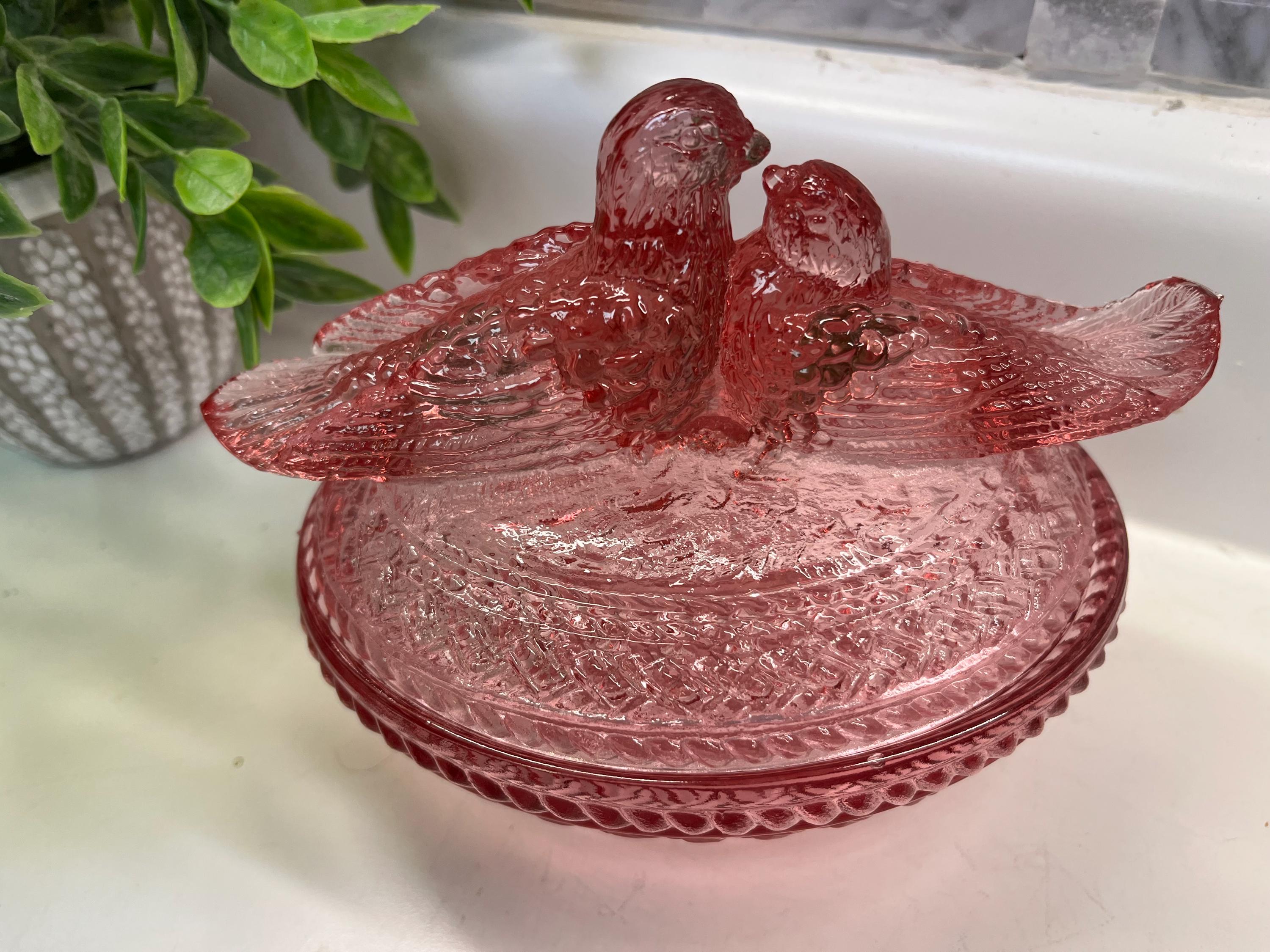 Viking Thistle Pink Glass Love Birds on Nest - Yesteryear
