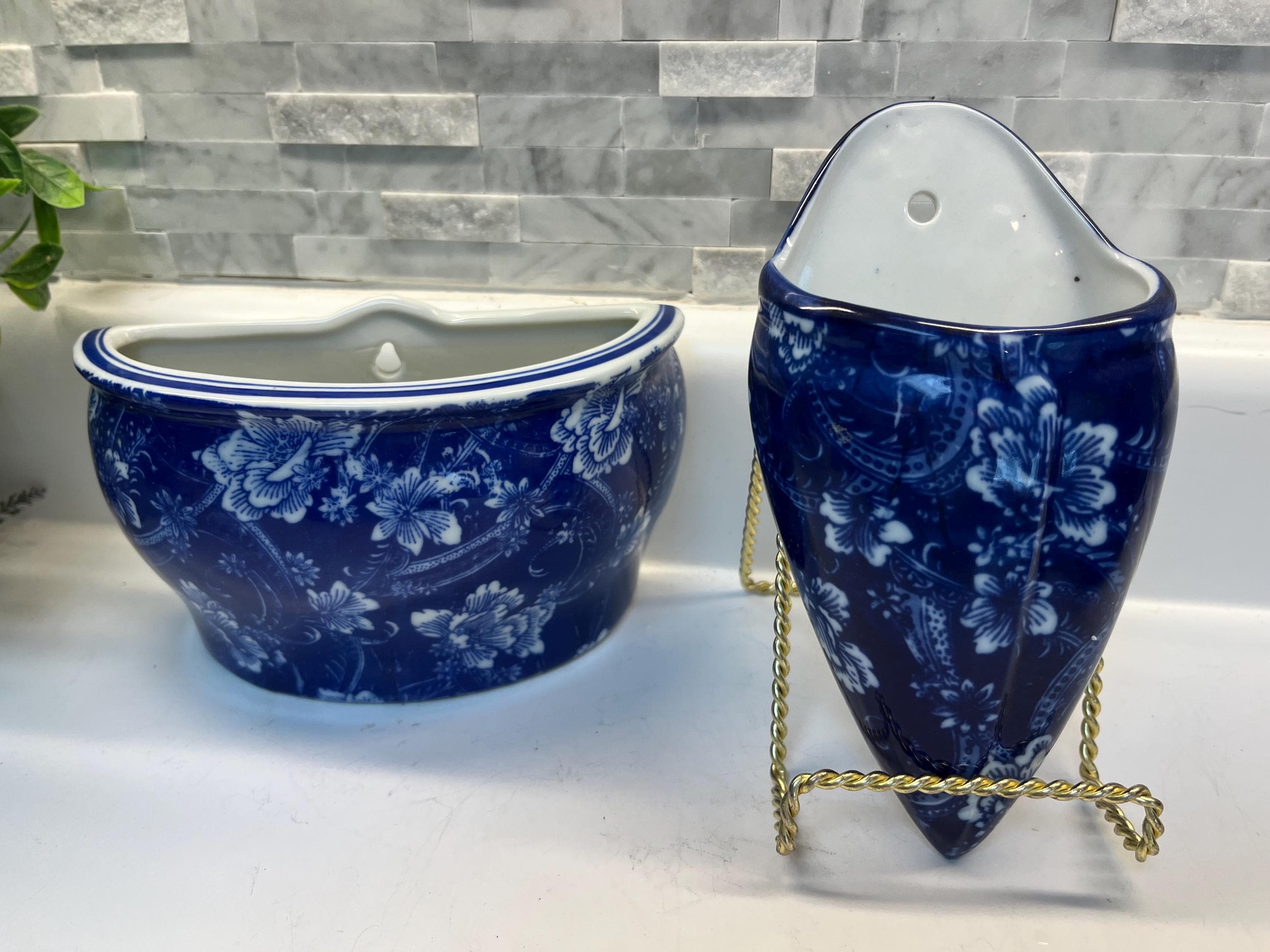 Blue and White Ceramic Wall Pocket - Etsy