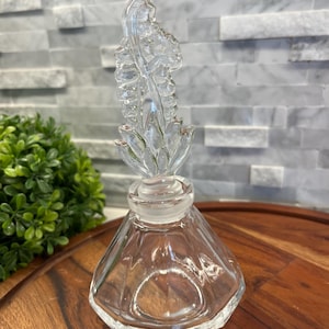 Vintage Art Deco Glass Perfume Bottle with Floral Stopper; collectible perfume bottle; gift