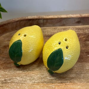 May include: A pair of lemon-shaped ceramic salt and pepper shakers. The shakers are yellow with a textured finish and green leaf details. Each shaker has three holes on top for dispensing salt or pepper.