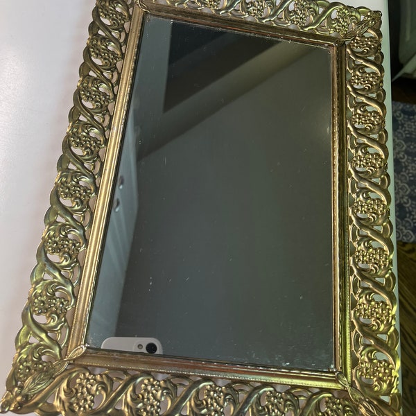 Vintage Mirror Tray | Rectangular Brass Filigree Metal Framed Vanity Display