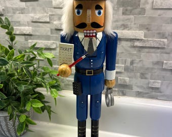 15" Blue Police Officer Christmas Nutcracker with handcuffs and ticket