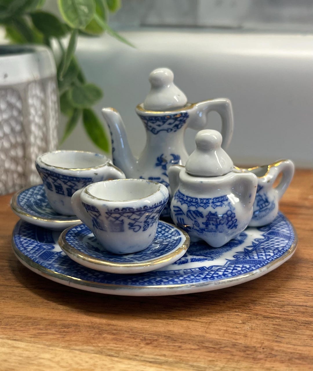 Service à Thé Miniature 1:12 – 15 Pièces En Porcelaine Bleu Et Blanc – Maison De Poupée