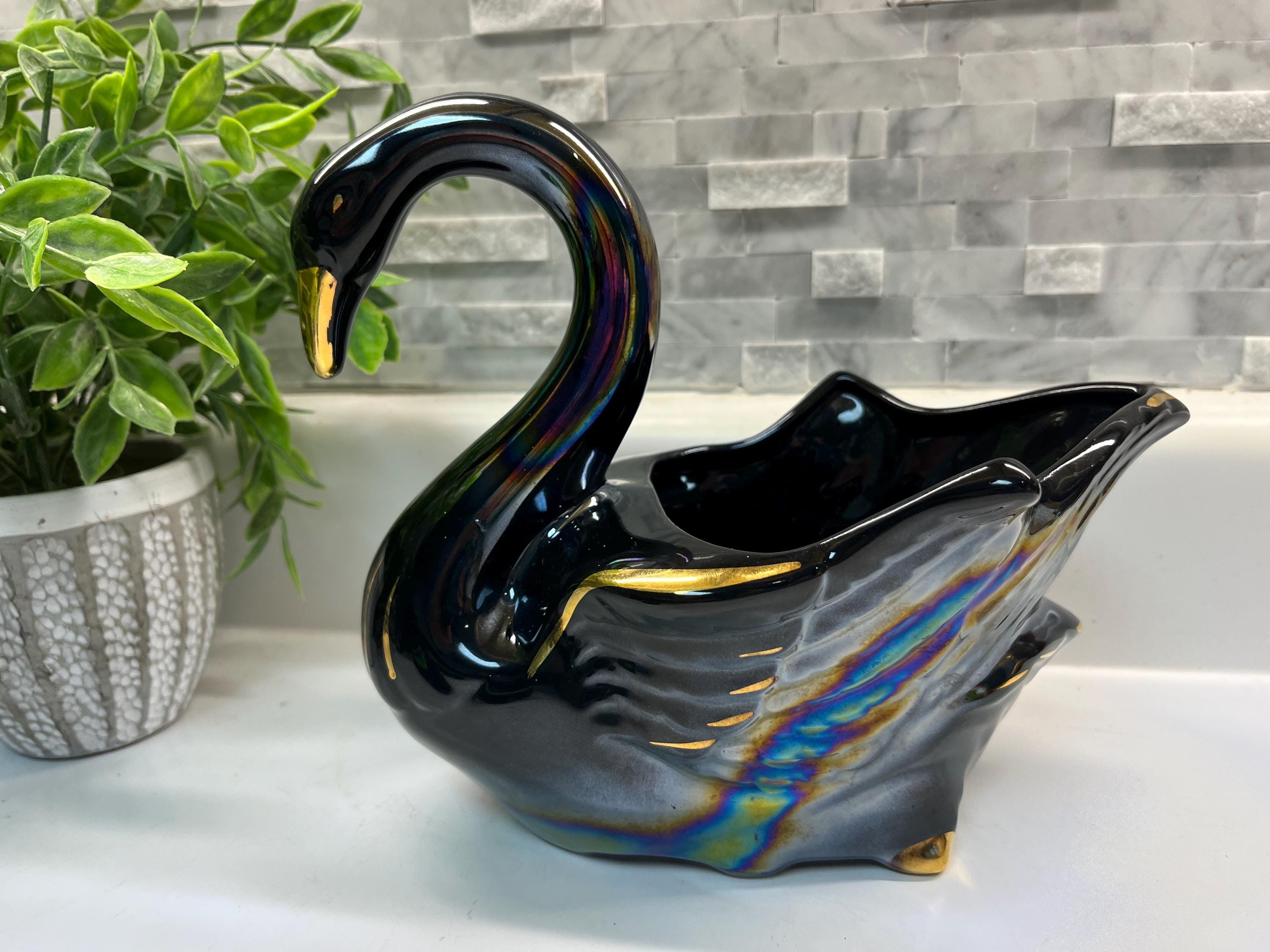 Iridescent Black Swan Planter Vase With Gold Trim Mid Century