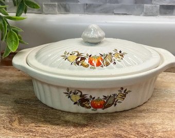Vintage Stoneware Casserole Dish with Lid: Harvest Vegetable Design Japan MCM Casserole
