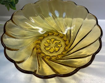 Vintage Hazel Atlas Amber Glass serving bowl 9 inches Capri Swirl Pattern MCM bowl