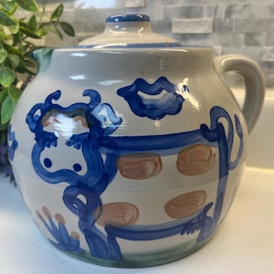 M A Hadley Pottery Large Handled Bean Pot or Cookie Jar w/ Lid Featuring Cow and Pig Country farm Scene Signed The End Vintage Handmade