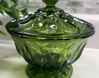 Avocado Green Glass Candy Dish, Compote, Anchor Hocking Fairfield, Vintage, Home Decor, Mid Century, MCM, Dish with lid