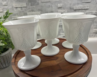 Set of 6 Milk Glass Goblets Indiana Glass Colony Harvest Grapes Leaves, Wine Glasses Goblets