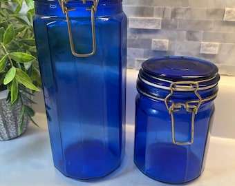 Vintage Cobalt Blue Glass Canister Set of 2 Wire Bale Clamp Lid 2pc