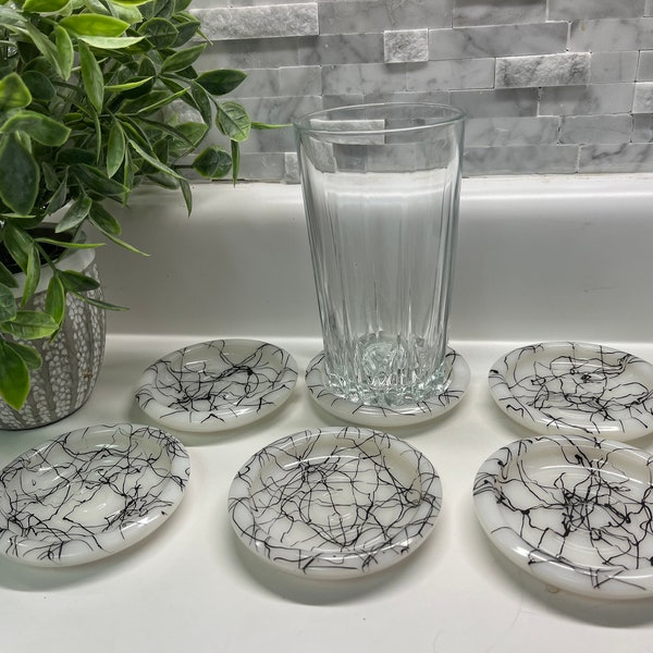 MCM Hazel Atlas black drizzle Midnite Magic set of 6 milk glass coasters