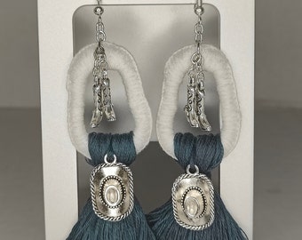 Hand Embroidered Dangle Tassel Western Cowboy Earrings