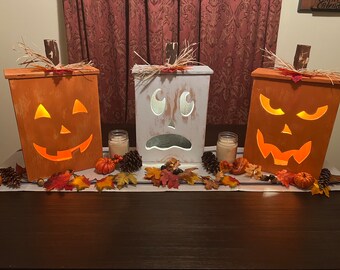 Wood pumpkin jack-o-lantern