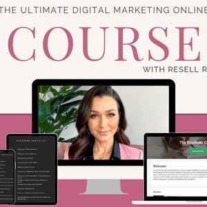 Puede incluir: Un gráfico rosa y blanco con el texto "THE ULTIMATE DIGITAL MARKETING ONLINE COURSE WITH RESELL RIGHTS". El gráfico presenta a una mujer con una chaqueta rosa en una pantalla de computadora, un teléfono, una tableta y una computadora portátil. El teléfono, la tableta y la computadora portátil muestran todos una lista de verificación titulada "BRANDING CHECKLIST" y un curso titulado "The Roadmap Course".