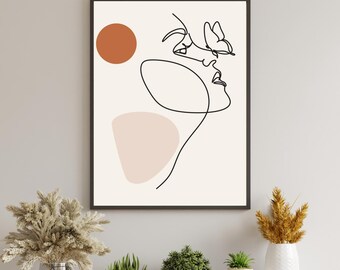 Woman with Butterfly Line Art Print | Boho Terracotta Decor (Digital Download)