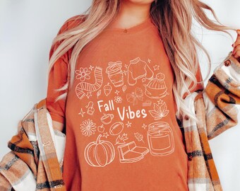 Fall Doodle Comfort Colors Shirt, Trendy Pumpkin Tee, Coquette Bow, Pumpkin Patch Cozy Tshirt, Autumn Season Top, Fall Harvest Casual Wear