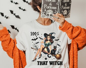魔女ハロウィンピンナップガールシャツ、秋シャツ、不気味な季節、トリック・オア・トリート、パーティーTシャツ、レトロなピンナップガールシャツ、ハロウィンシャツ、魔女シャツ