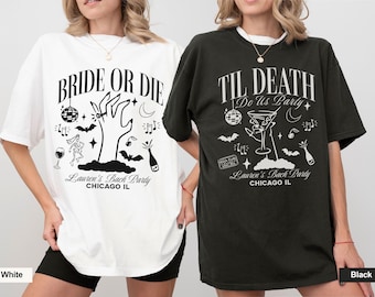 Camisetas de despedida de soltera "Bride Or Die", fiesta "Hasta que la muerte nos separe", despedida de soltera de Halloween, regalos espeluznantes para damas de honor, camiseta gótica de esqueleto de novia