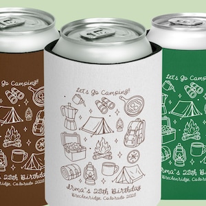 Camping Birthday Trip Personalize Can Coolers, Mountain Trip Drink Can Sleeves, Girls Trip Can Holder, Camp Bachelorette, Lake Vacation
