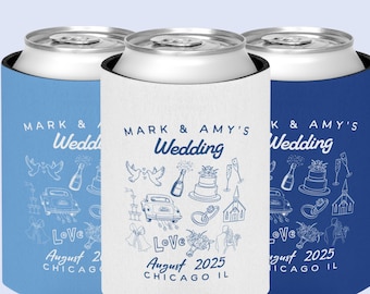 May include: Three beverage can coolers in light blue, white, and navy blue. Each cooler features the text "MARK & AMY'S Wedding" with wedding-themed illustrations and the date "August 2025, Chicago IL."