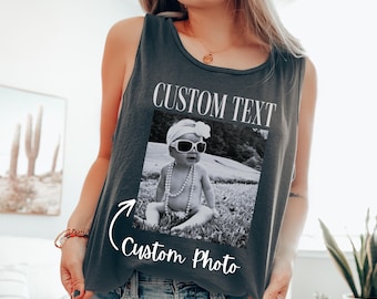 Camiseta sin mangas Comfort Colors personalizada con tu foto y texto para cumpleaños, regalo único, ideal para cumpleaños de 21, 30, 40 y 50 años, o para celebrar un hito importante en tu fiesta.
