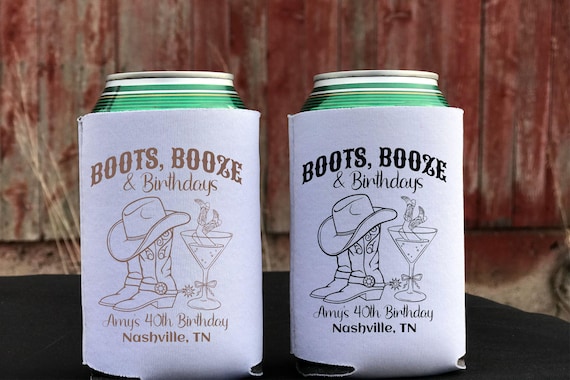 Boots Booze Birthday Nashville Personalized Can Cooler, Country