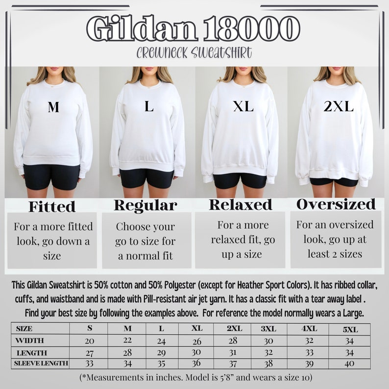 May include: A size chart for Gildan 18000 crewneck sweatshirts. The chart shows the different sizes available, from S to 5XL, and the corresponding measurements in inches for width, length, and sleeve length. The chart also includes a description of the fit for each size: fitted, regular, relaxed, and oversized.
