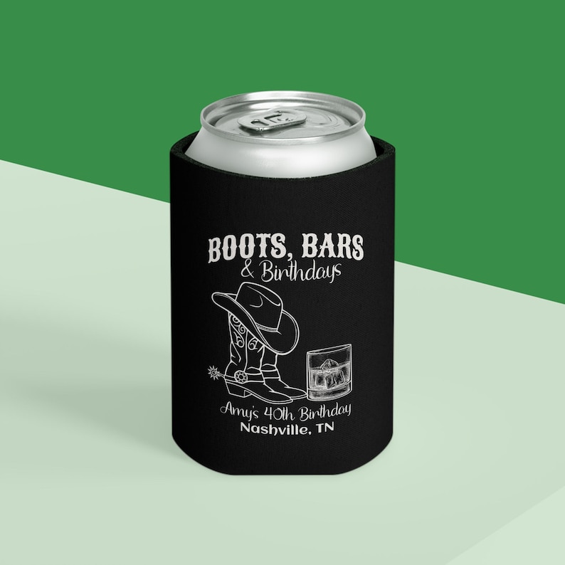 Nashville Birthday Personalized Slim Can Cooler, Country Party Favor, Western Party Theme,  Bday Can Holder, Cowgirl Custom Drink Sleeve