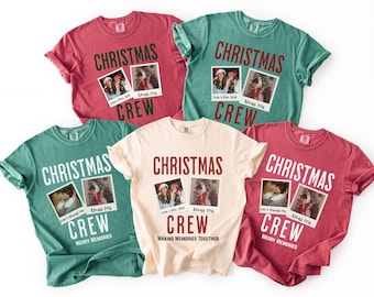 May include: Five short-sleeved t-shirts in red, green, and cream colors. Each shirt features the text CHRISTMAS CREW and two printed polaroid-style photo frames with custom text underneath, including phrases like Merry Memories and Making Memories Together.