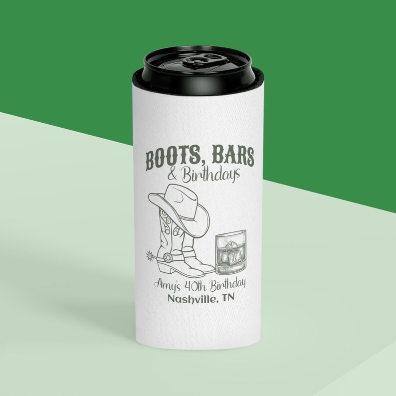 Nashville Birthday Personalized Slim Can Cooler, Country Party Favor, Western Party Theme,  Bday Can Holder, Cowgirl Custom Drink Sleeve