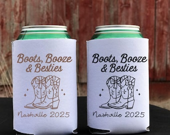 Boots Booze Besties Personalized Girls Trip Can Cooler, Nashville Trip, Country Party Favor, Western Can Holder, Cowgirl Custom Drink Sleeve