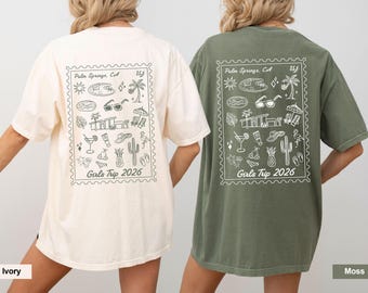 Palm Springs Stamp Front and Back Shirt, Birthday Vacation Girls Trip, Bachelorette Party Bridesmaids Personalized Gift, Custom Travel Tops