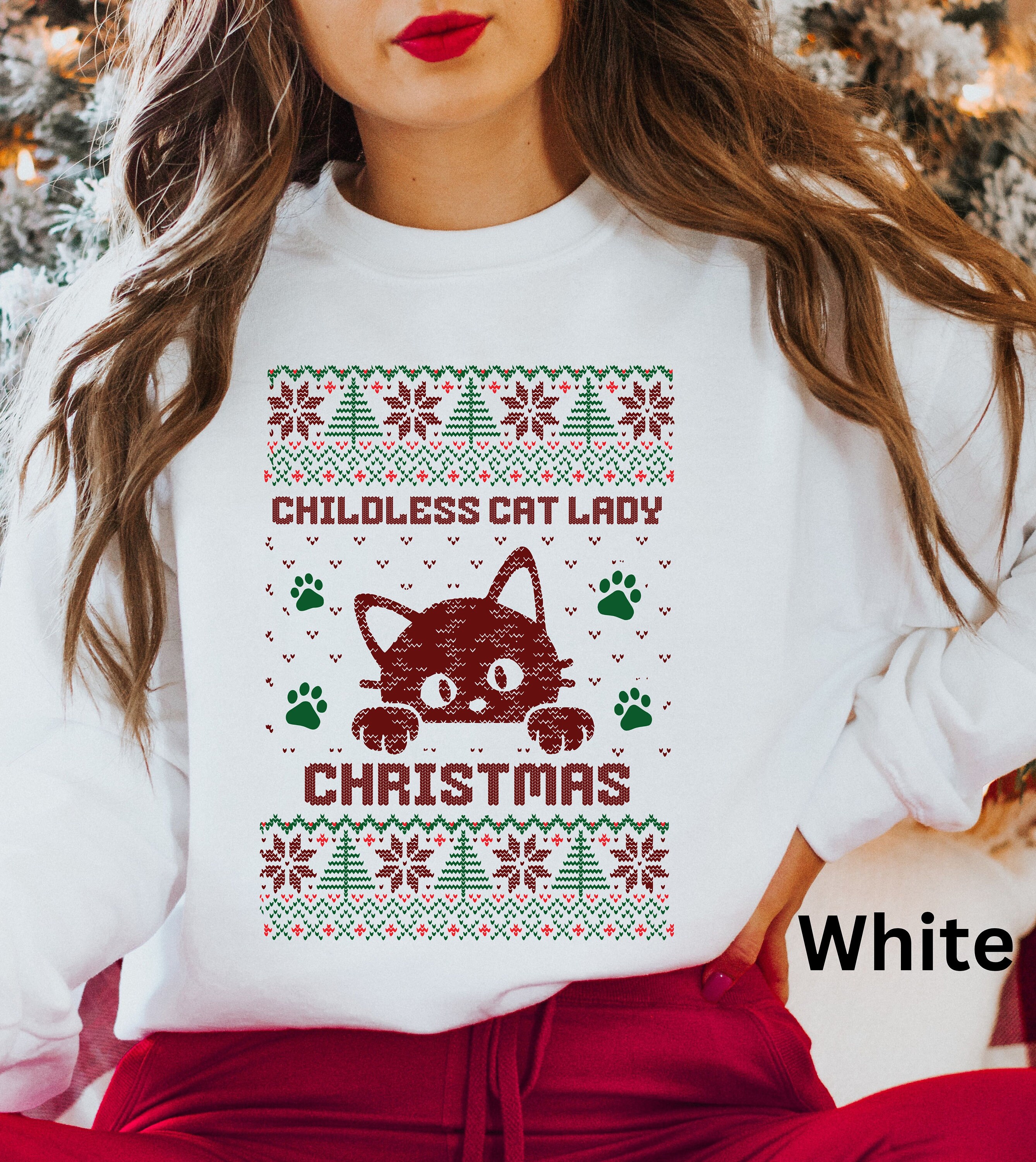 FashionTrendSeeker Childless Cat Lady Christmas Sweatshirt Cat Mom Christmas Sweater Childless Cat Ladies Shirt Cat Ladies for Kamala Meowy Christmas Shirt