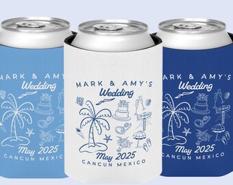 Custom Beach Wedding Can Cooler, Coastal Party Favor, Destination Wedding Party Gift, Wedding Decor, Party Can Cooler, Drink Can Holder