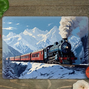 Snow Train Cutting Board PNG Sublimation Design Template Digital Download, Mountains Cutting Board