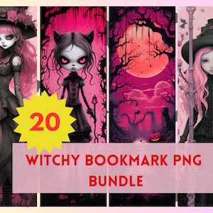 20 Witchy Bookmark Designs, Printable Bookmarks Digital Download PNG Bookmark Sublimation, Halloween Bookmark Bundle