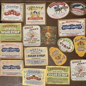 23 syrup labels, never used, 6 duplicates not pictured, circa 1840s, mint