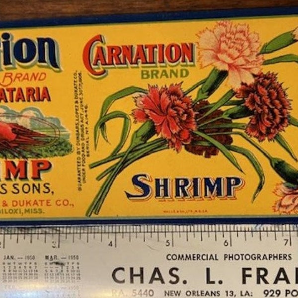 Carnation Brand Barataria Shrimp crate or can label, vintage, 1920s, New Orleans