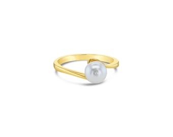 Anillo solitario de perla cultivada / Anillo de oro amarillo de 14k / Regalo para ella / Ideas para regalos / Joyería nupcial / Joyería de perlas / Anillo de piedras preciosas / Joya de novia